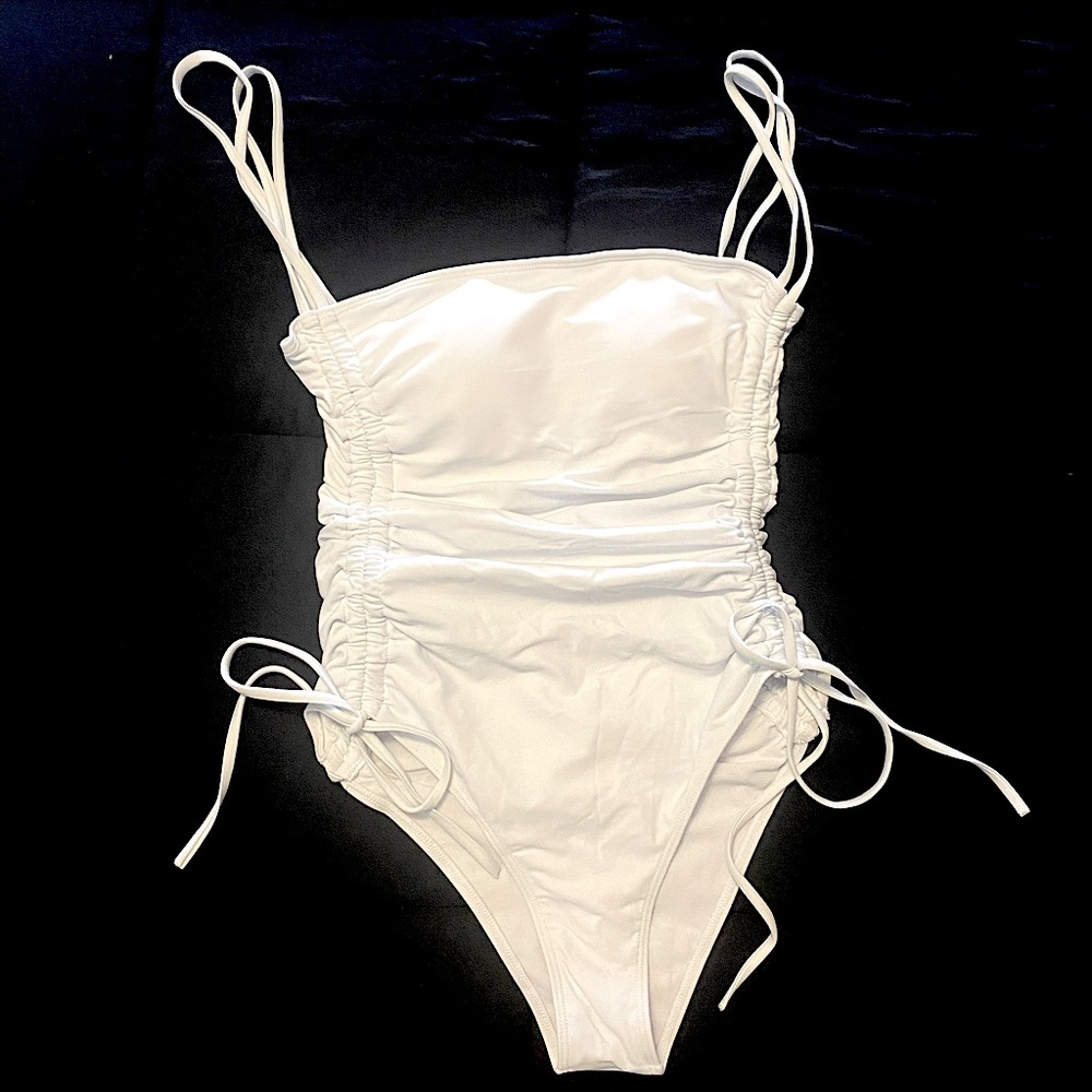 White Square Neck Ruched Side Swimsuit- Medium